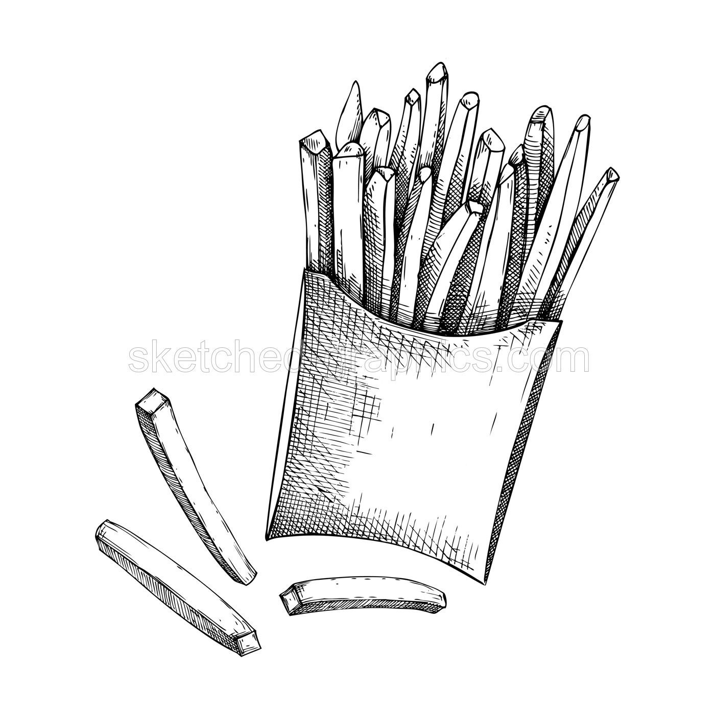 French fries in paper bag sketch. Hand-drawn vector illustration. Vintage fast food drawing. Food delivery design element. Take away box package Illustration